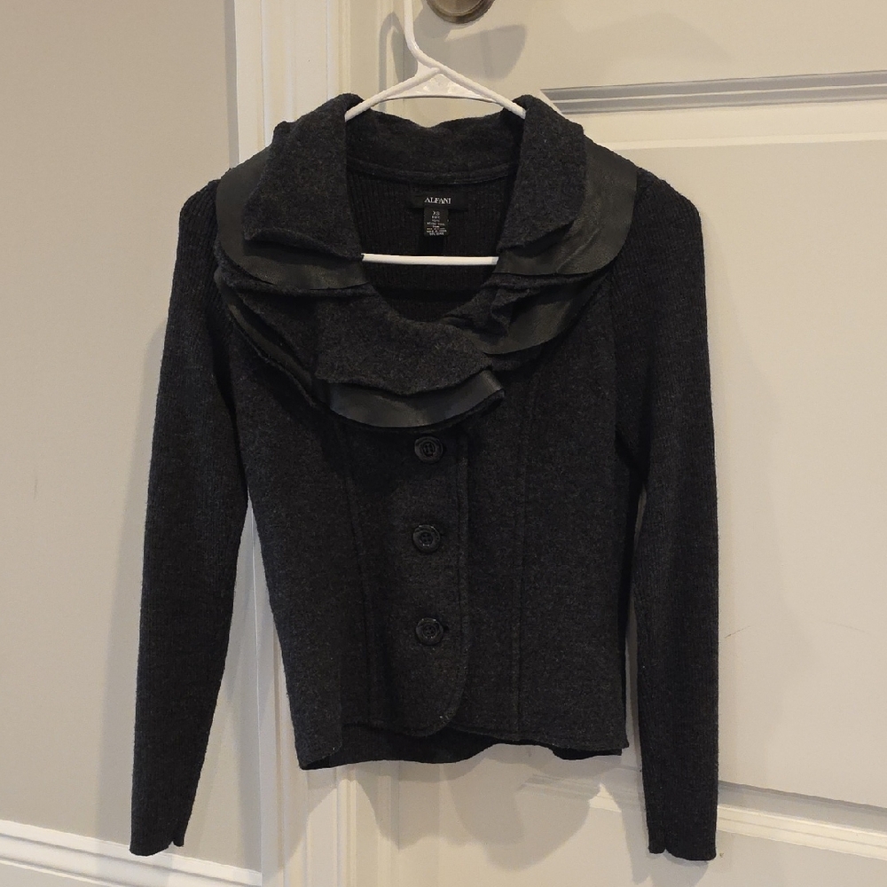 Alfani Women's Grey Wool Cardigan with Ruffle Leather Detail